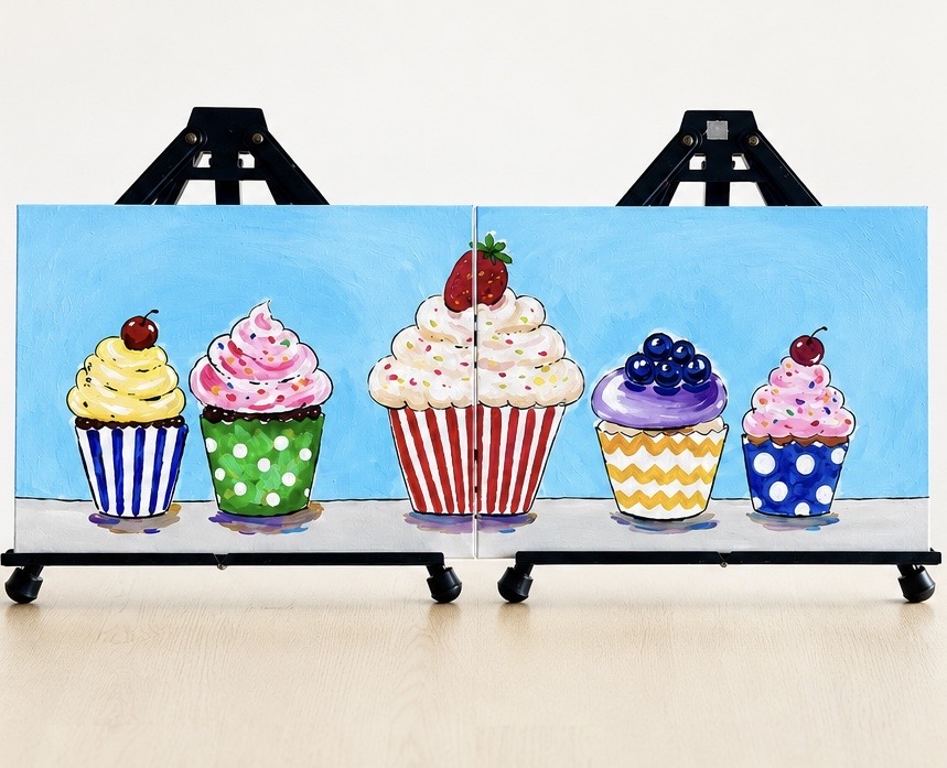 Cupcake Party pair painting design with two connected canvases