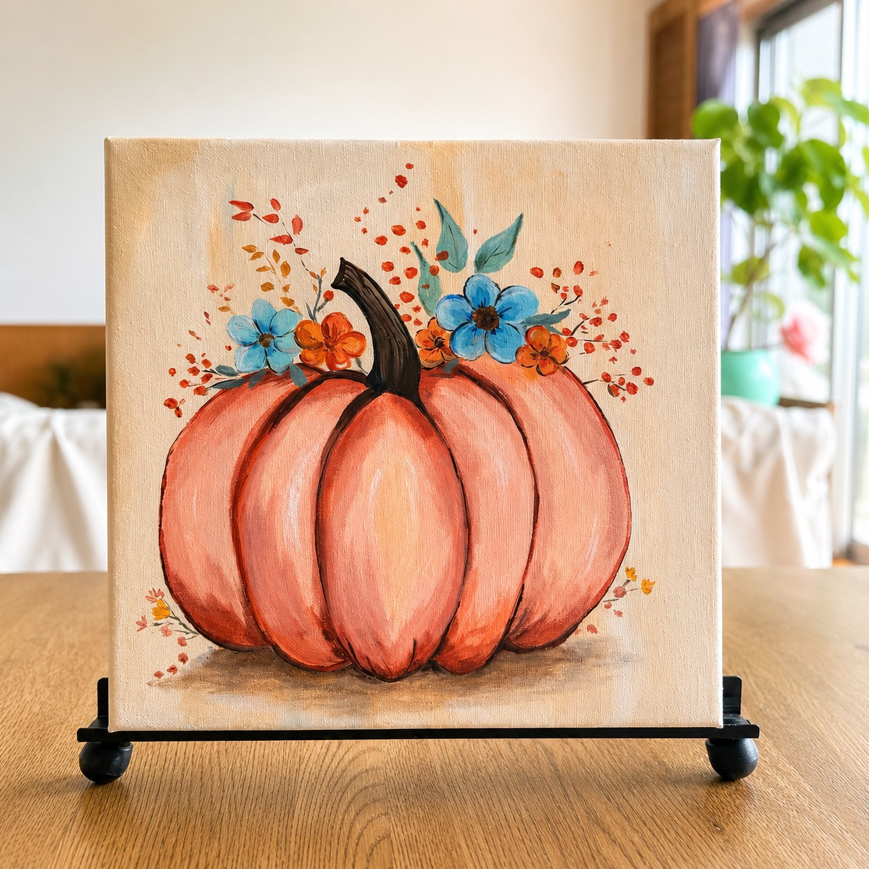 Floral Pumpkin painting design with a coral pumpkin and blue flowers