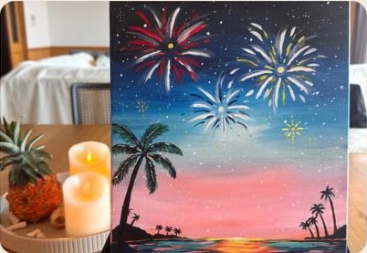 Finished tropical fireworks painting displayed with candles