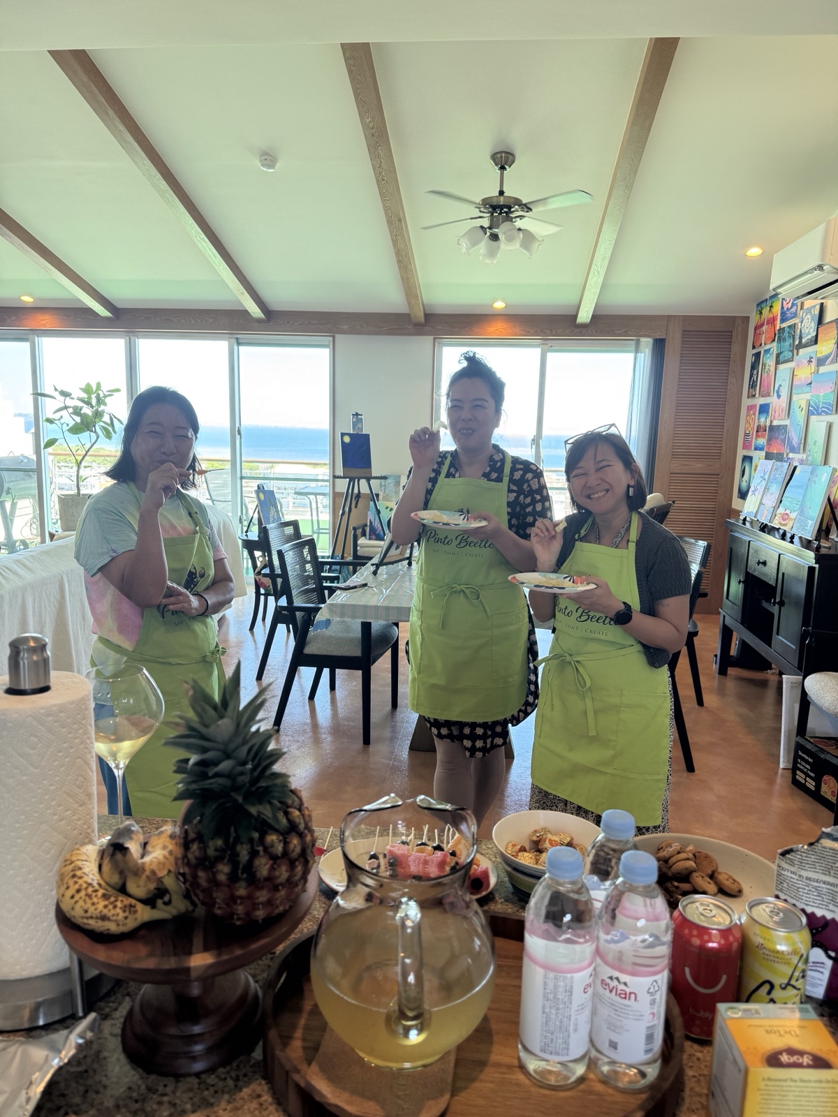 Three Pinto Beetle guests enjoying a snack break during their painting class