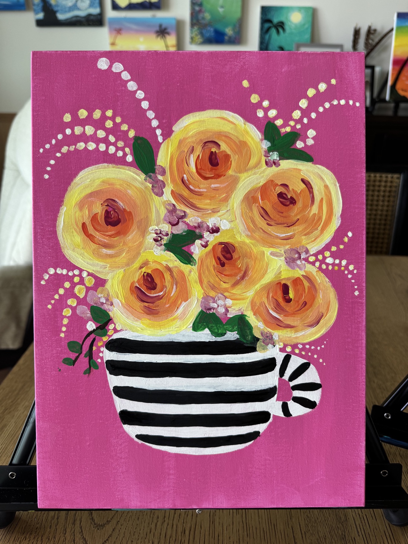 Happy Blossoms painting with yellow flowers in a striped cup