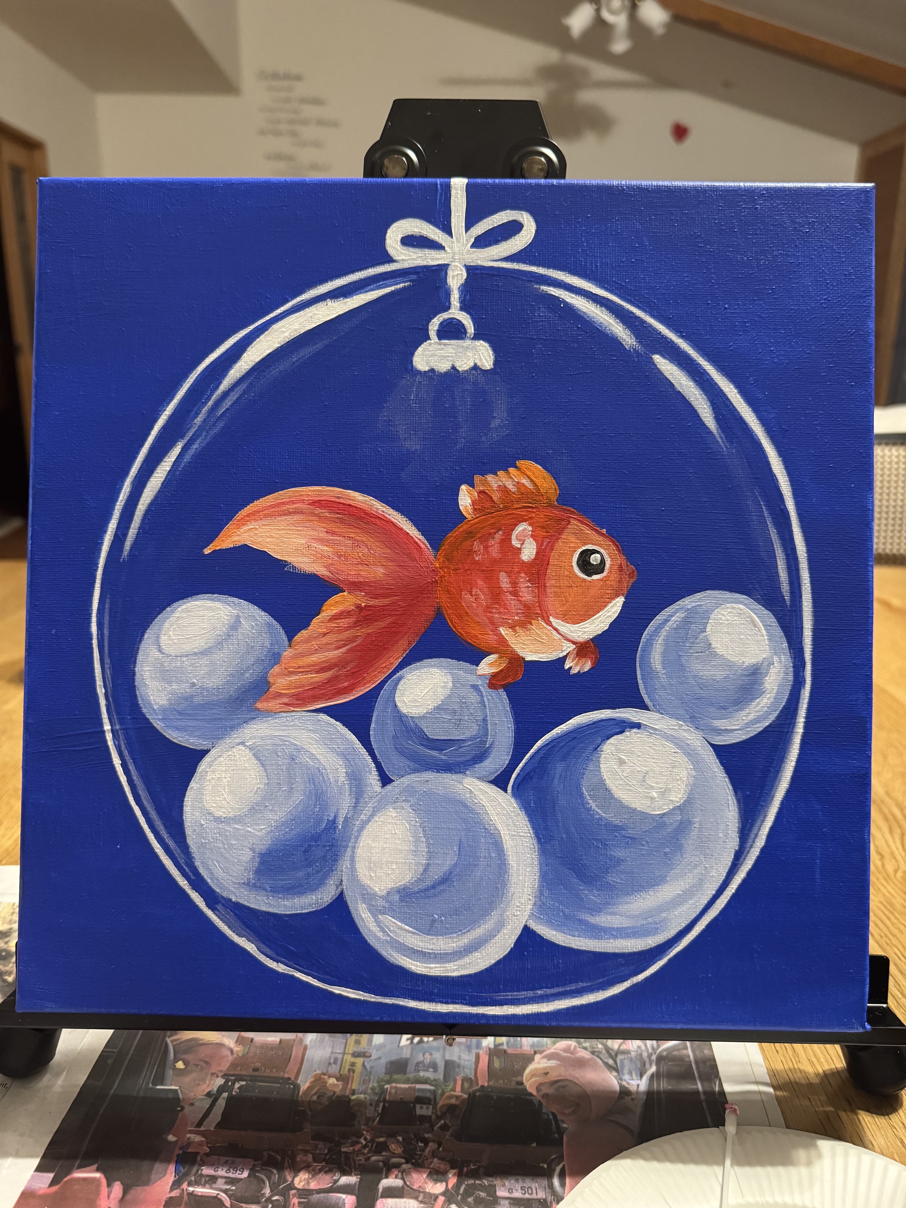 Kingyo goldfish painting design with a blue background