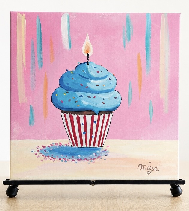 Make a Wish cupcake painting design with a blue candle on a pink background