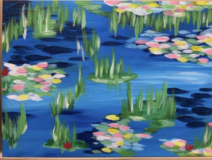 Monet's Water Lilies painting design with blue water and colorful lily pads