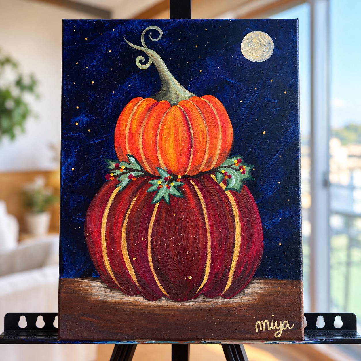 Moonlit Pumpkin Stack painting design with stacked pumpkins under a deep navy night sky