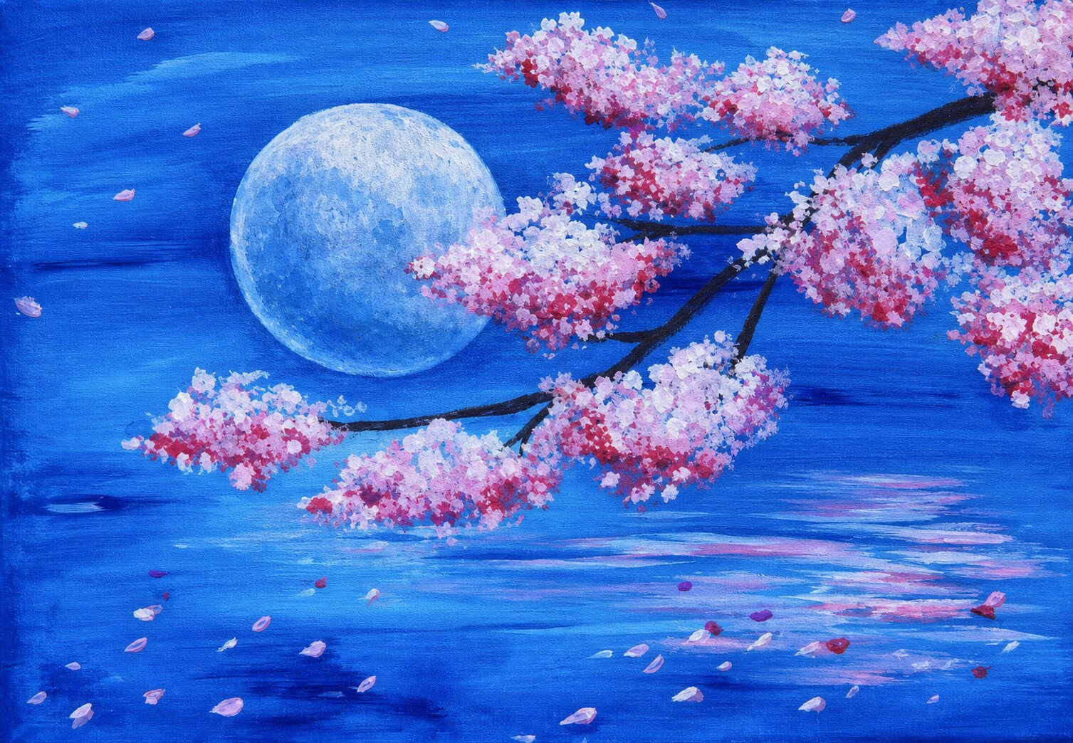 Moonlit Sakura painting with cherry blossoms over blue water