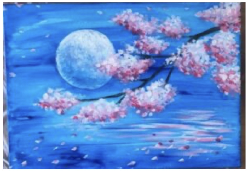 Moonlit Sakura painting with cherry blossoms over blue water