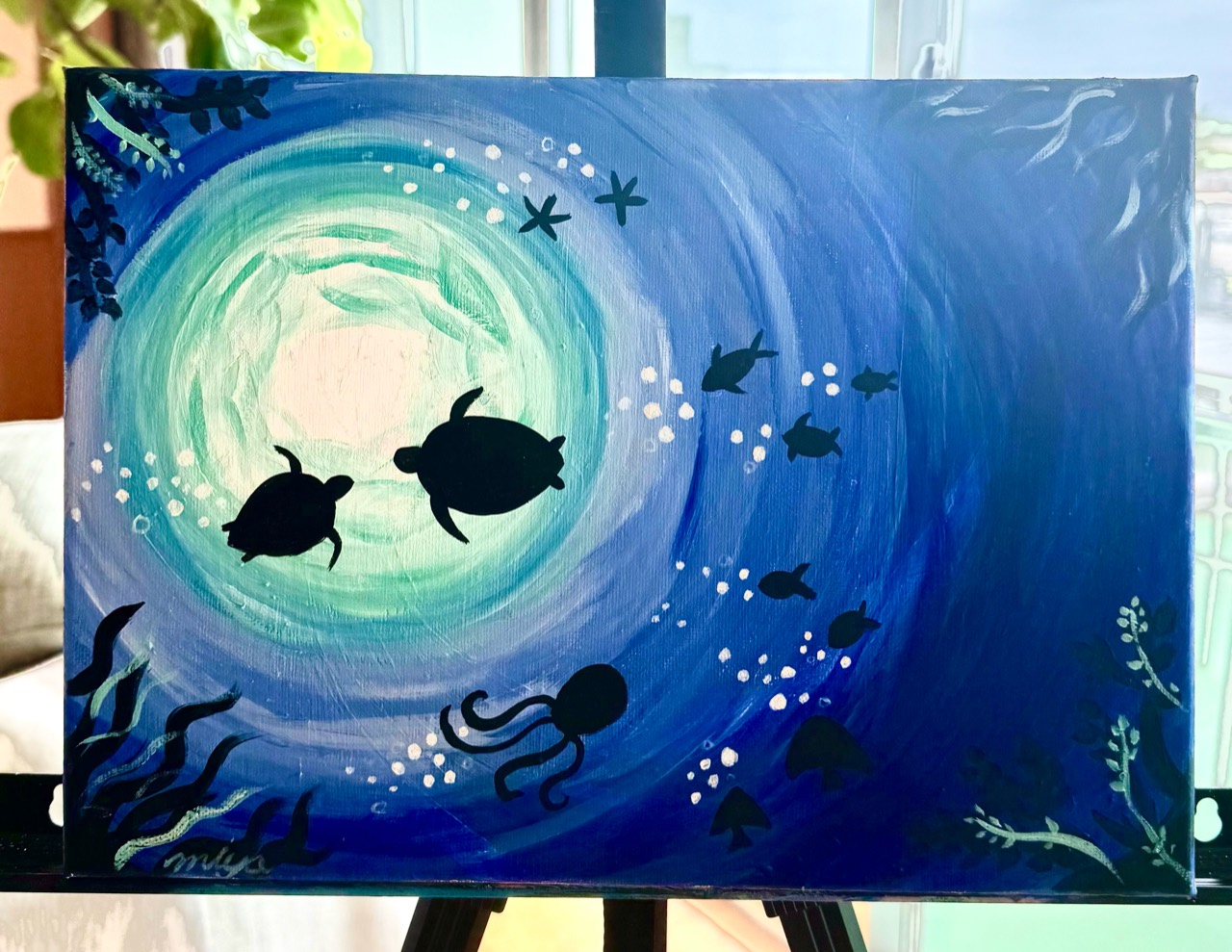 Ocean Friends Sea Turtles painting design with sea turtle silhouettes, fish, and glowing blue ocean water