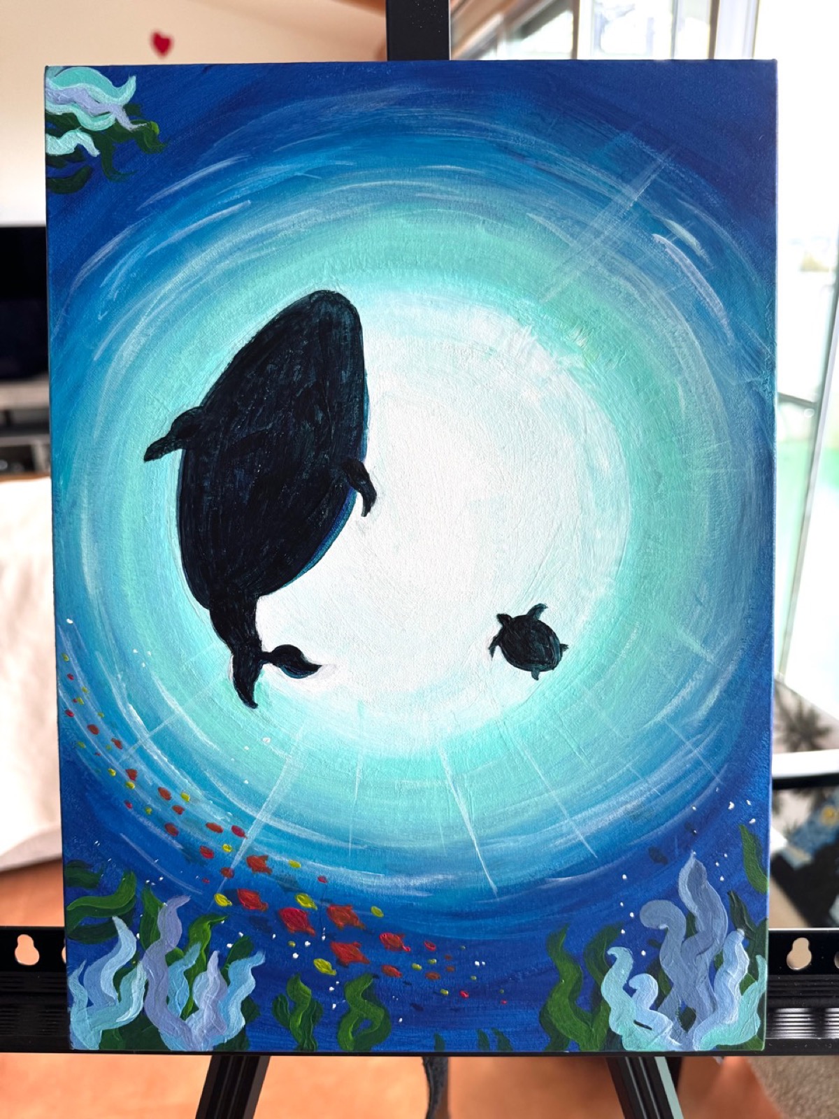 Ocean Friends painting with a whale, sea turtle, and peaceful blue ocean light