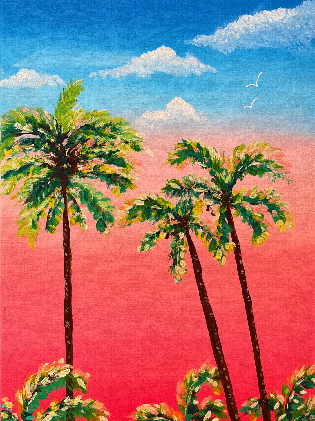 Pink Palms painting with palm trees, clouds, and a coral pink sky