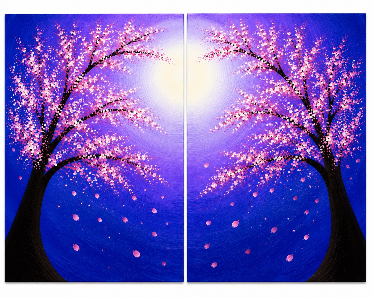 Sakura pair painting design with cherry blossom trees under moonlight
