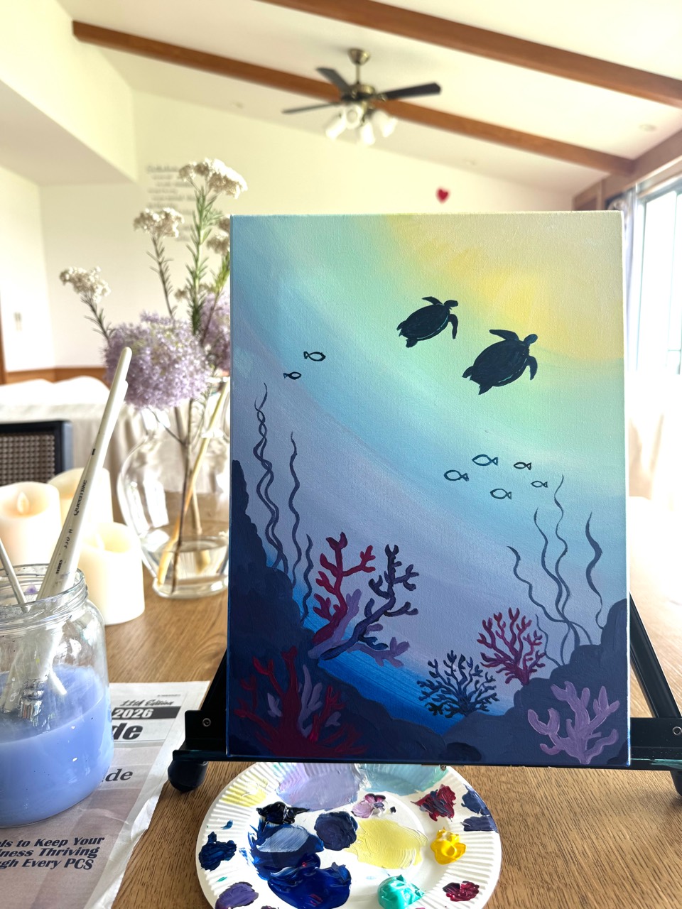 Finished Sea Turtle painting on an easel