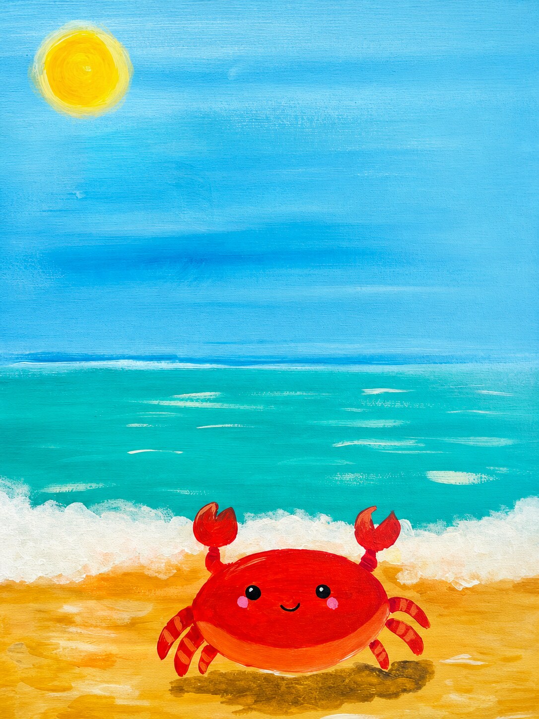 Sunny Crab painting with a smiling red crab on a sunny beach
