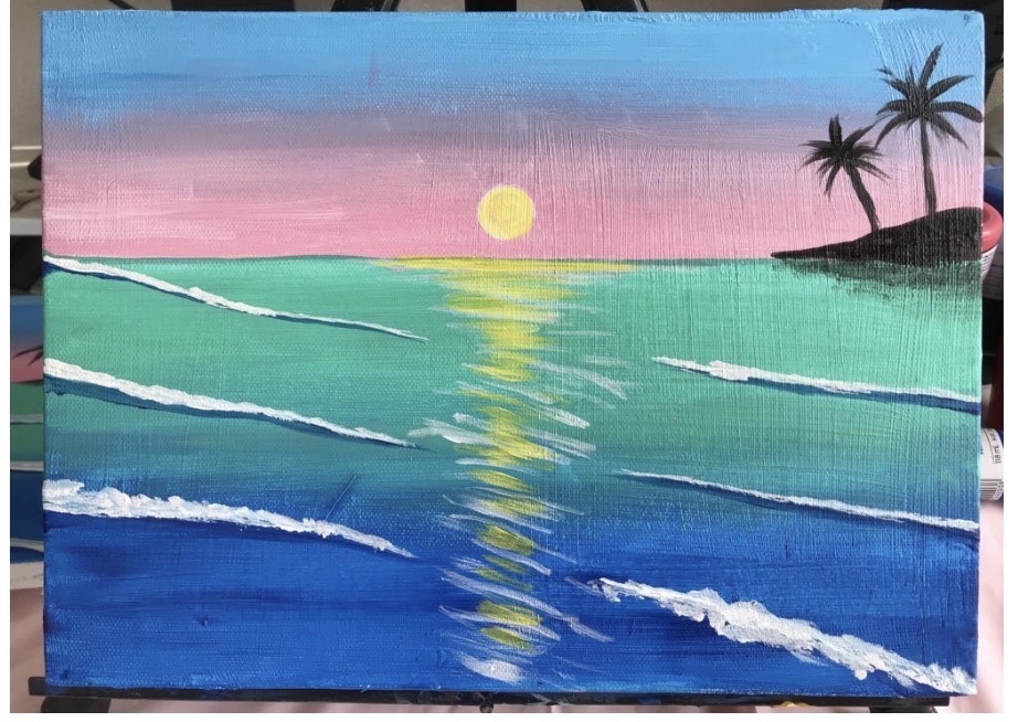 Sunset beach painting with turquoise water and palm silhouettes