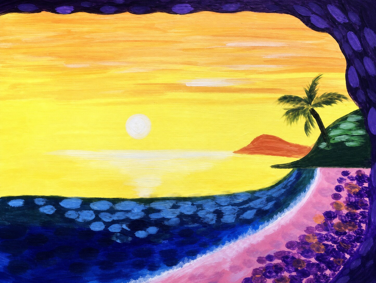 Tahiti Beach painting with a yellow sunset, ocean wave, palm tree, island, and purple flowers