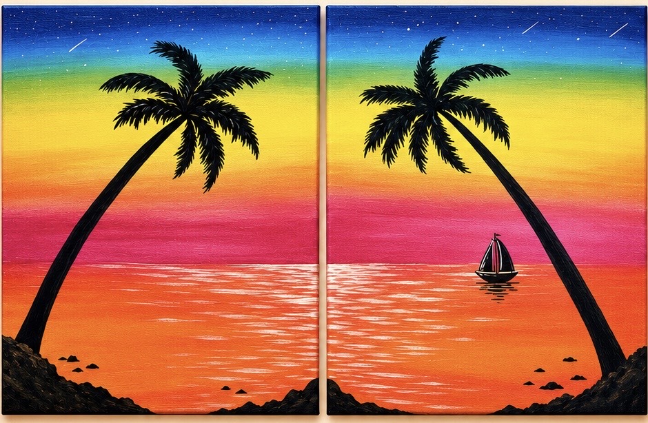 Pair Tropical Sunset painting with palm trees and a sailboat