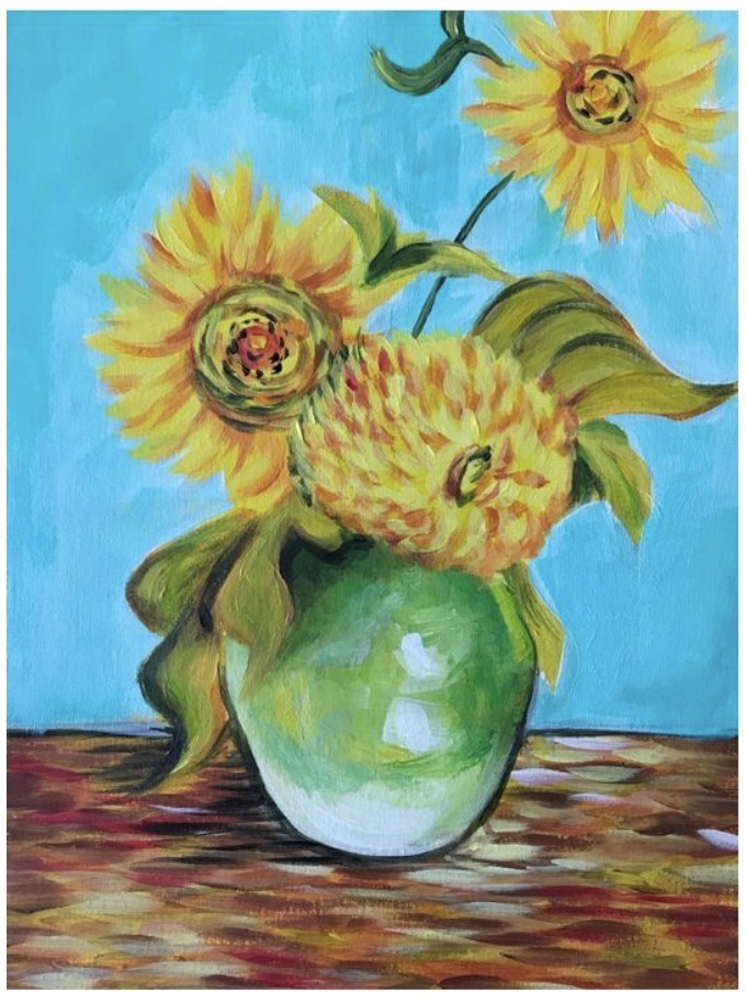 Van Gogh inspired sunflower painting in a green vase